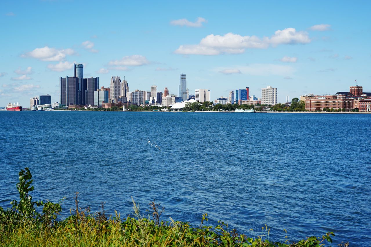 Detroit skyline across the river on a sunny day