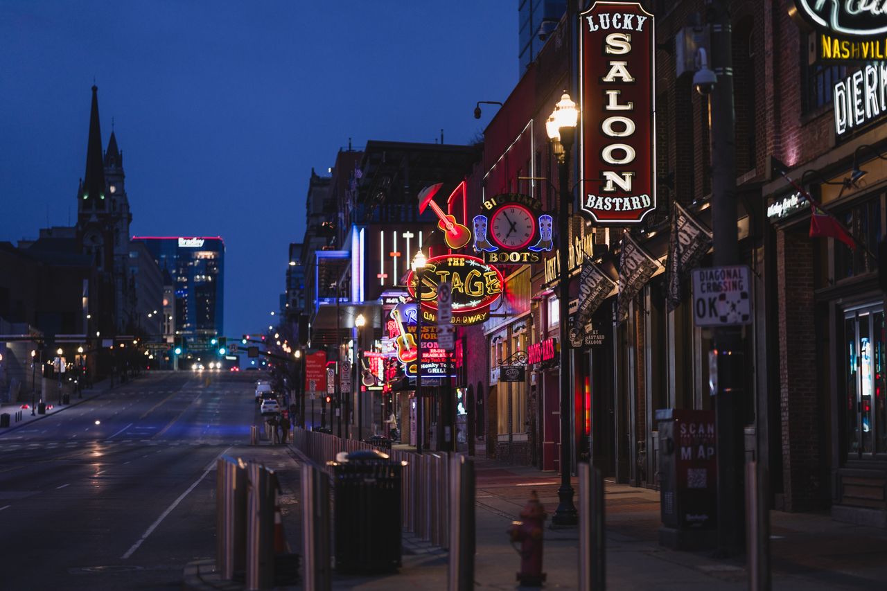 Neon signs on Lower Broadway in Nashville at night