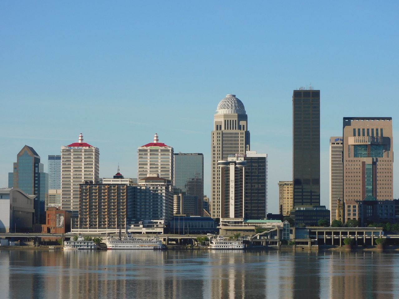 Louisville skyline reflected in the Ohio River
