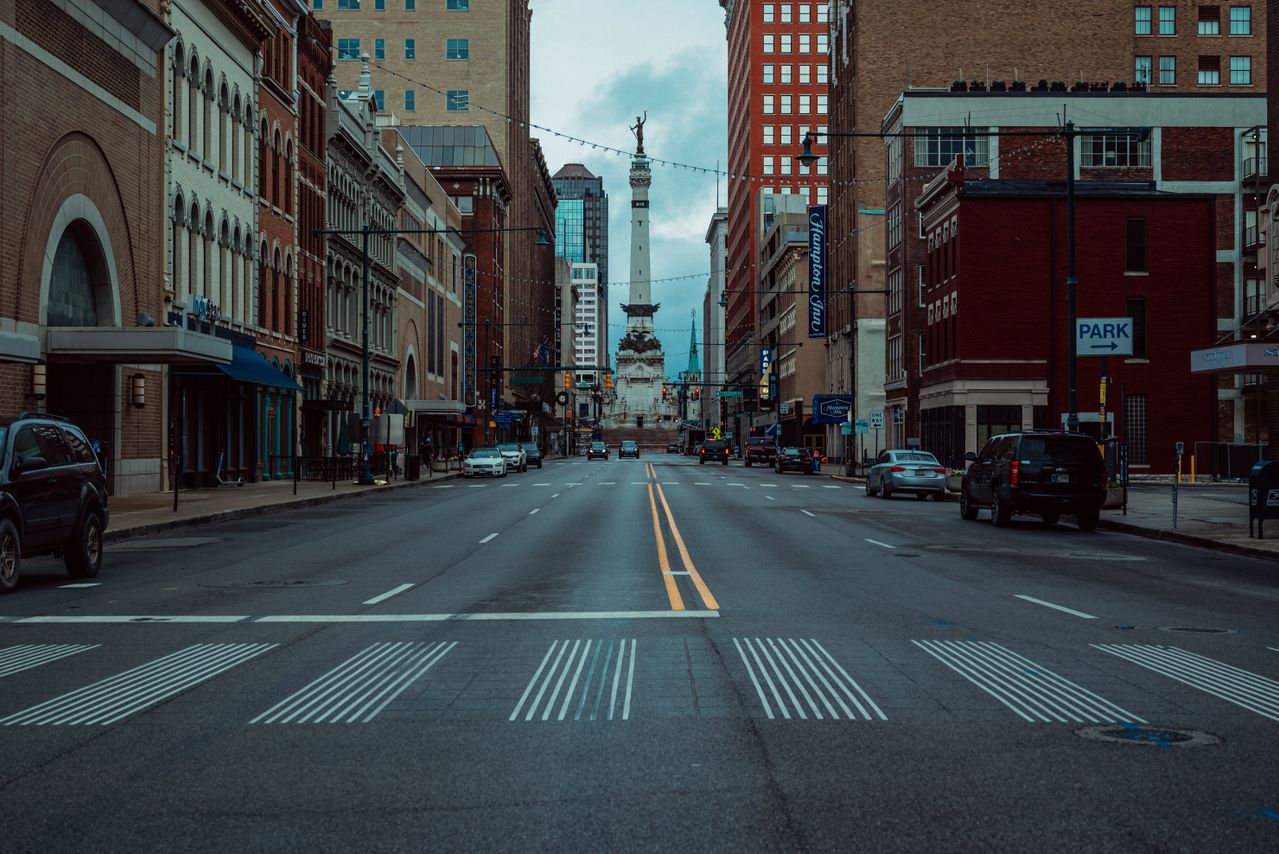 Downtown Indianapolis street leading to the Soldiers' and Sailors' Monument
