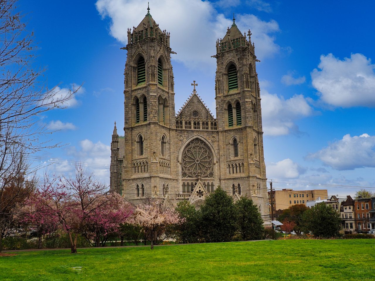 Cathedral Basilica of the Sacred Heart in Newark under a blue sky