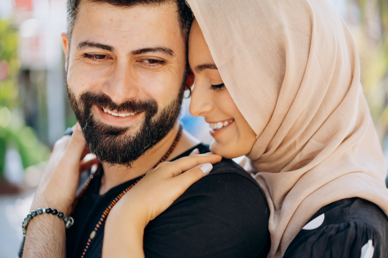 Close up of a happy couple embracing, found via a free arab dating site